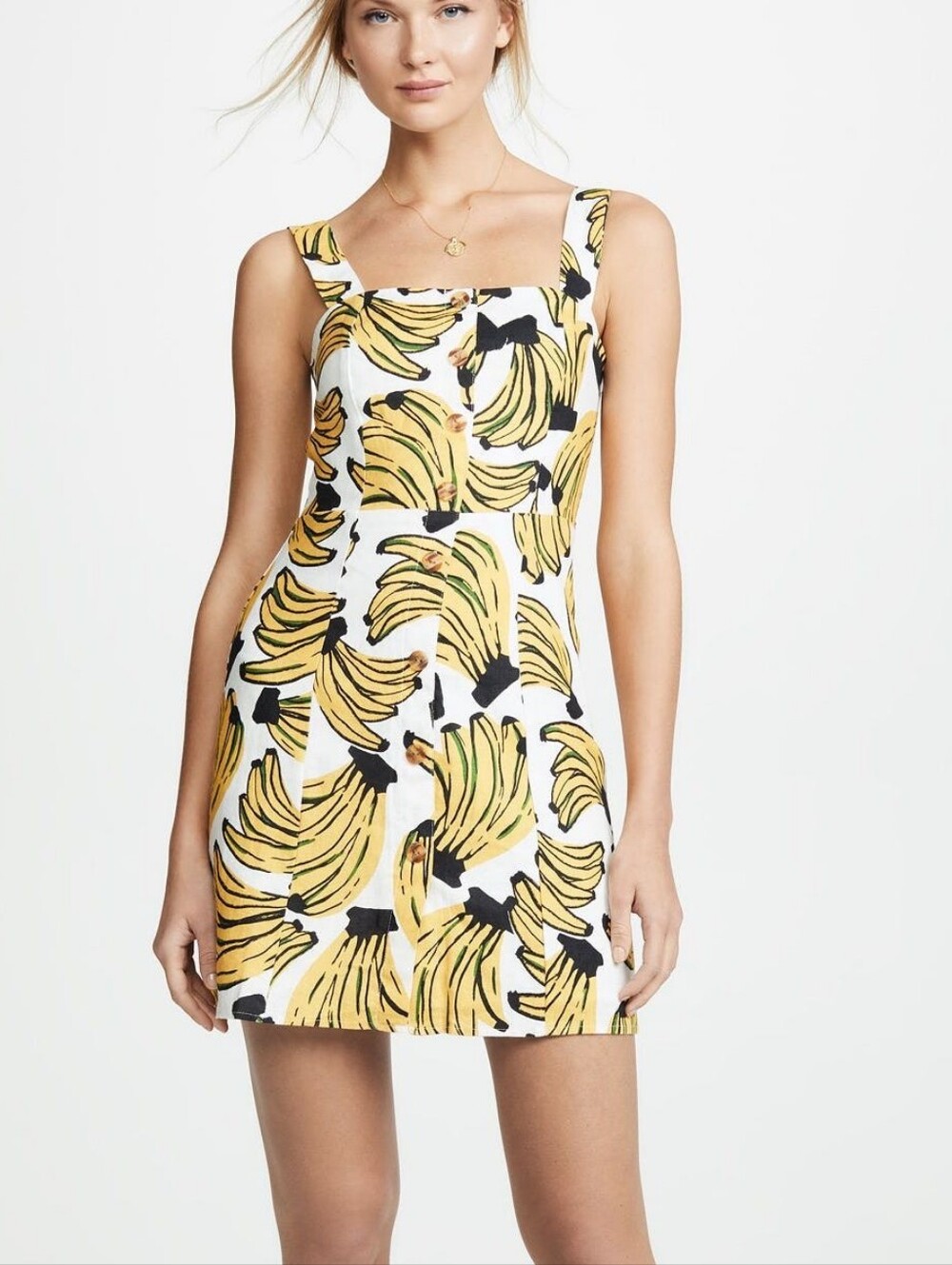 Farm Rio Banana Print 100% Linen Button Mini Dress Vacation White Size Small